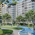 Tranquil Park Landscape With Lush Trees Curved Pathways Green Lawn And Seating Areas