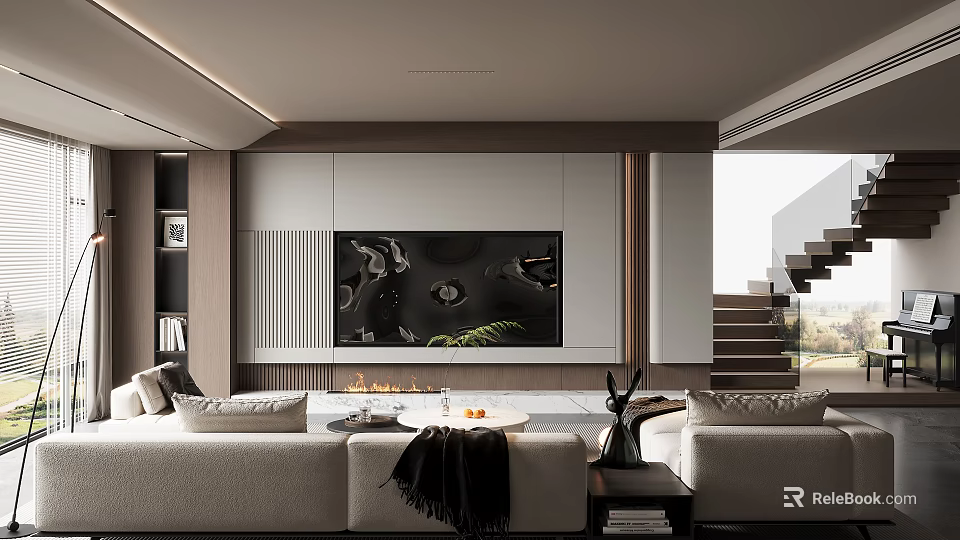 Modern Living Room Interior Design With TV Wall Sofa Coffee Table And Fireplace 3d model 