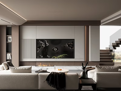 Modern Living Room Interior Design With TV Wall Sofa Coffee Table And Fireplace 3d model