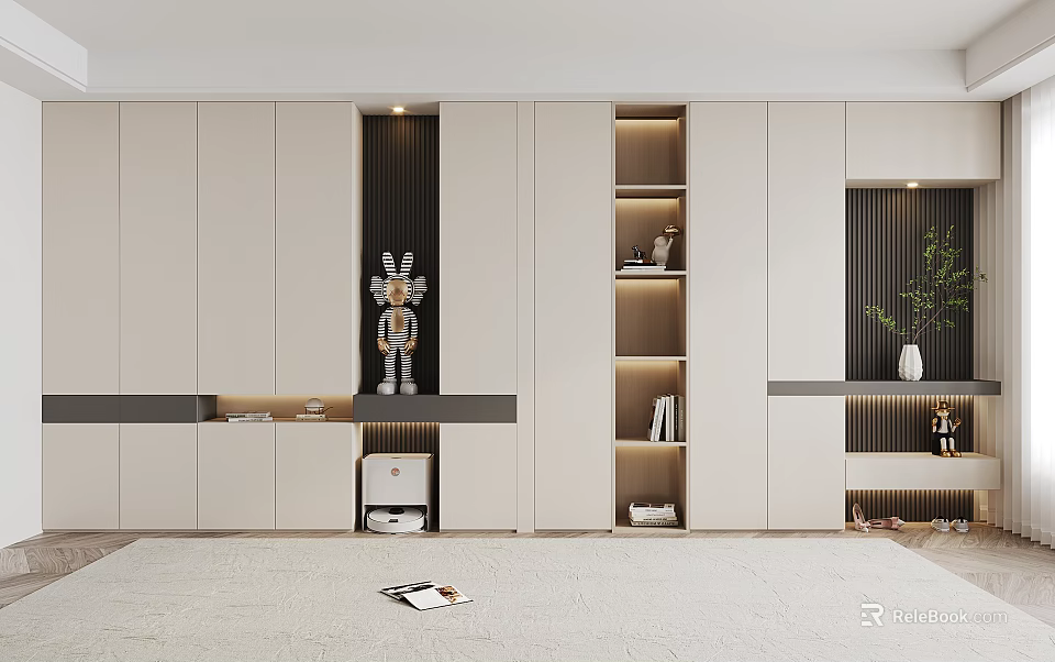 Modern White Built in Shoe Cabinet Design With Storage Shelves And Decorations 3d model 