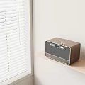 Modern Wooden Wireless Speaker With Retro Design On Shelf Near Window