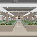 Spacious Cafeteria Interior With Green Plants Tables Chairs And Ceiling Lights 3d model
