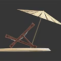 Red Frame Blue White Striped Lounge Chair With Yellow Umbrella On Sandy Platform