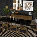Wooden Dining Table Set With Chairs Textured Wall Abstract Paintings Pendant Lights And Striped Rug