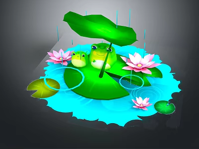 Frog And Baby Frog On Lotus Leaf With Pink Lotus Flowers And Raindrops Over Water 3d model
