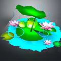 Frog And Baby Frog On Lotus Leaf With Pink Lotus Flowers And Raindrops Over Water