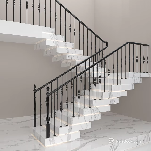 Modern Marble Staircase with Black Metal Railings and Step Lighting Features 3d model 