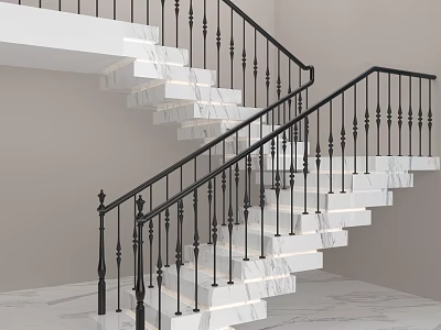 Modern Marble Staircase with Black Metal Railings and Step Lighting Features 3d model