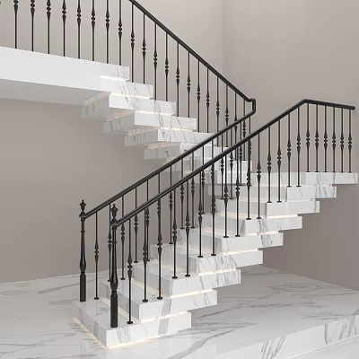Modern Marble Staircase with Black Metal Railings and Step Lighting Features 3d model