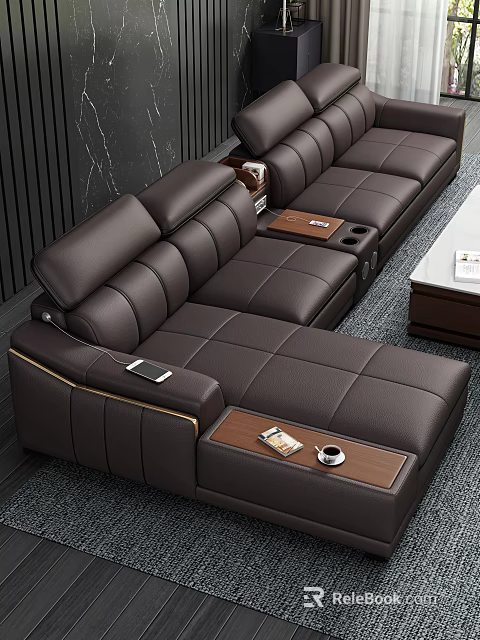 Modern Brown Leather Sofa And Coffee Table Set With Armrest Tables And Sleek Design 3d model 