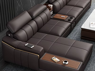 Modern Brown Leather Sofa And Coffee Table Set With Armrest Tables And Sleek Design 3d model