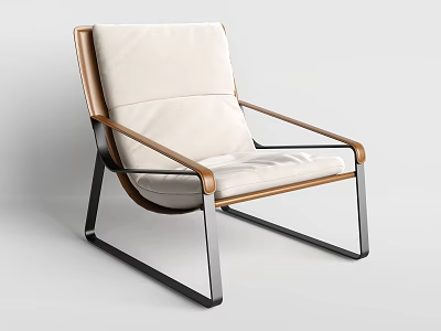 Stylish Leisure Accent Chair With White Upholstered Seat Brown Armrests And Black Metal Frame 3d model
