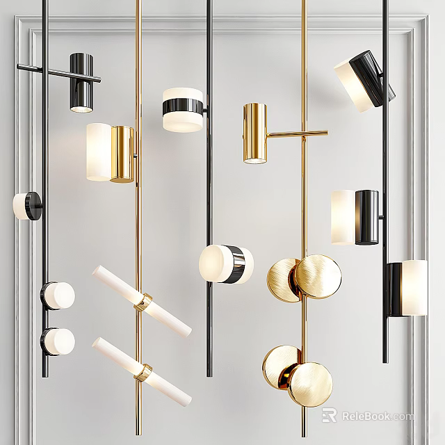 Modern Chandeliers With Stylish Gold Black White Details And Diverse Cylindrical Spherical Designs 3d model 