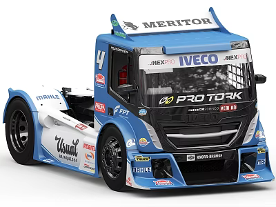 IVECO Racing Truck With Blue White Body And Sponsor Logos Number 4 3d model