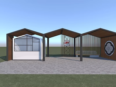Modern Pergola With Gabled Roof Connected Structure Stone Paved Floor And Grass Area 3d model