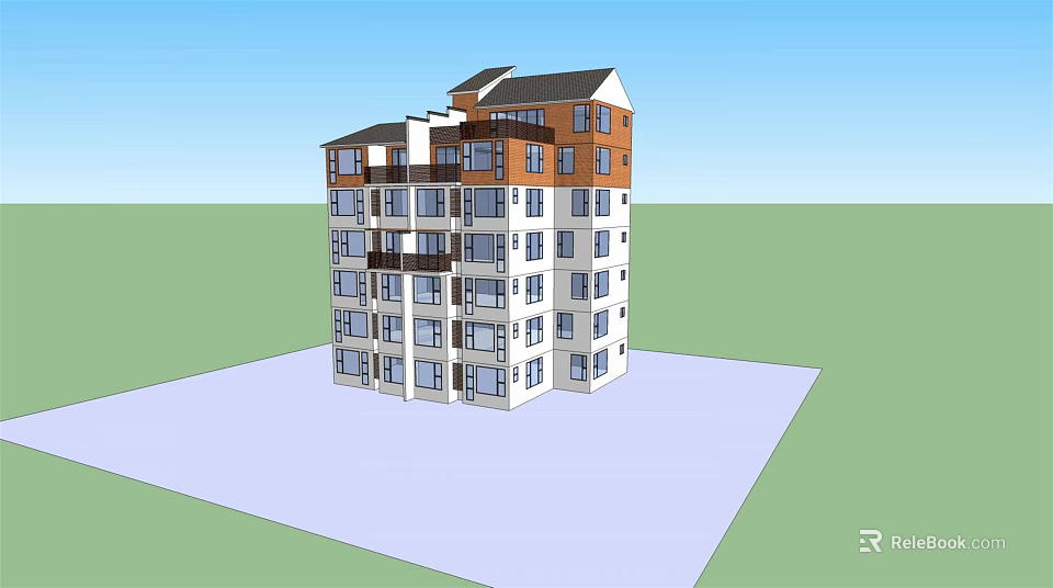 Multistory Apartment Building With Orange White Facade Multiple Balconies And Roof Design 3d model 