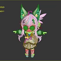 Chibi Style Game Movie Character With White Light Green Hair Feather Ears Round Glasses Dress