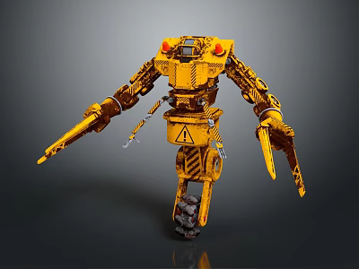 Intelligent Yellow Robot With Mechanical Arms Tracked Legs And Warning Sign 3d model