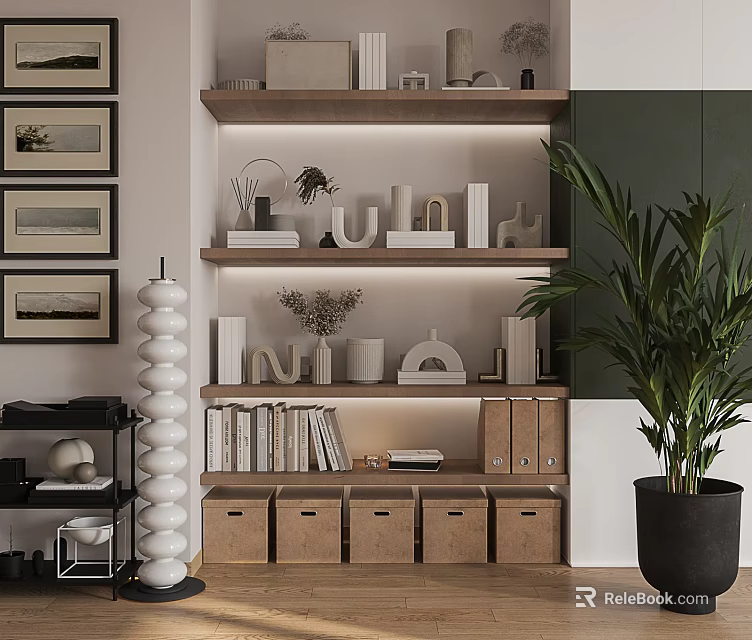 Stylish Decorative Ornament Set On Wooden Shelves With Books Alphabet Decor And Storage Boxes 3d model 