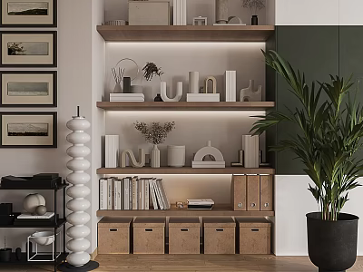 Stylish Decorative Ornament Set On Wooden Shelves With Books Alphabet Decor And Storage Boxes 3d model