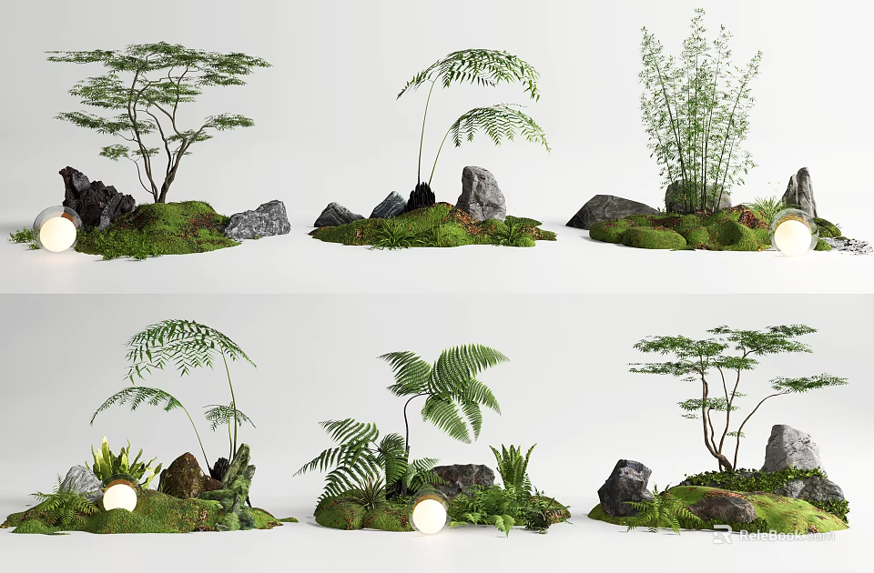 Miniature Indoor Garden Decorations With Various Plants Stones Moss And Small Lights 3d model 