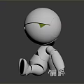 Cartoon Style White Robot Game Movie Character With Green Eye In Sitting Pose
