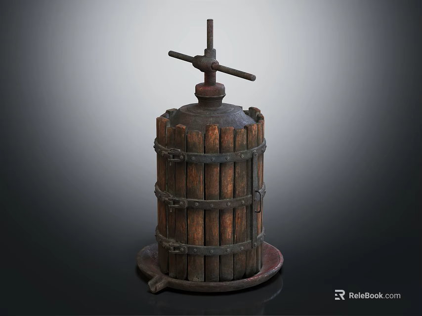Vintage Wooden Press With Cylindrical Barrel Metal Hoops And Hand Crank 3d model 