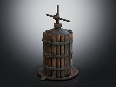 Vintage Wooden Press With Cylindrical Barrel Metal Hoops And Hand Crank 3d model