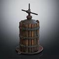 Vintage Wooden Press With Cylindrical Barrel Metal Hoops And Hand Crank