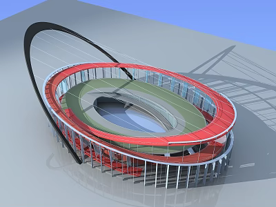 Contemporary Circular Stadium Design With Red Green Seating And Modern Structure 3d model