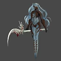 Mystical Game Movie Character With Blue Long Hair Red Eye And Bloody Spiked Scythe