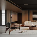Modern Living Room Interior With Cream Sofa Wooden Paneling Walls And Large Abstract Painting