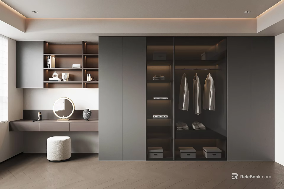 Modern Walk In Closet Interior Design With Hanging Clothes Storage Drawers And Dressing Table 3d model 