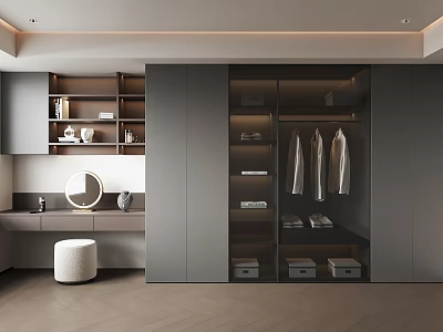 Modern Walk In Closet Interior Design With Hanging Clothes Storage Drawers And Dressing Table 3d model