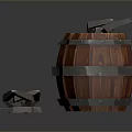 3D Rendered Orange Wooden Barrels With Metal Hoops And Scattered Lids