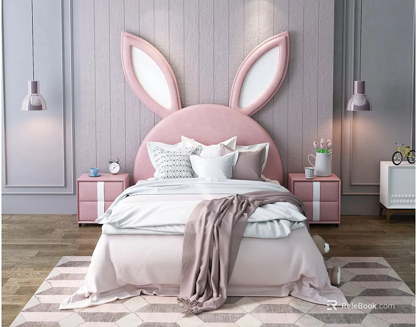 Cozy Kids Bed With Pink Rabbit Ear Headboard And Pink Nightstands 3d model 