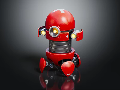 Red Robot Character Design With Round Head Glowing Eyes Metallic Body And Red Legs 3d model
