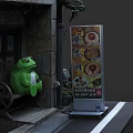 Japanese Restaurant Exterior with Green Frog Figure Stone Wall and Wooden Wheel Chair Menu Board
