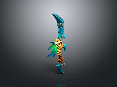 Blue Decorative Weapon With Golden Accents Green Feather And Braided Rope Design 3d model