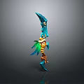 Blue Decorative Weapon With Golden Accents Green Feather And Braided Rope Design