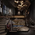 Industrial Style Bar Interior With Dark Wooden Furniture Red Decor Black Seats And Warm Lighting