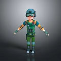 Futuristic Military Character With Helmet Goggles Green Orange Tactical Outfit Standing Pose