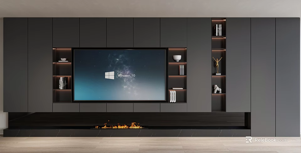 Modern Black TV Console with Large Screen TV Fireplace Design and Side Shelves 3d model 