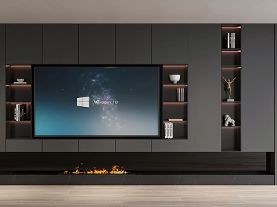 Modern Black TV Console with Large Screen TV Fireplace Design and Side Shelves 3d model