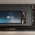 Modern Black TV Console with Large Screen TV Fireplace Design and Side Shelves