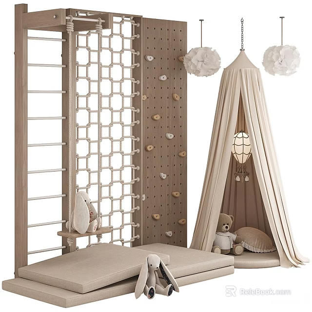 Kids Room Interior With Wooden Lattice Screen Climbing Wall Beige Tent And Stuffed Teddy Bear 3d model 