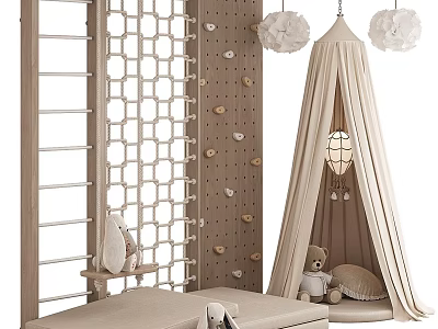 Kids Room Interior With Wooden Lattice Screen Climbing Wall Beige Tent And Stuffed Teddy Bear 3d model