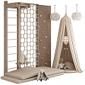 Kids Room Interior With Wooden Lattice Screen Climbing Wall Beige Tent And Stuffed Teddy Bear