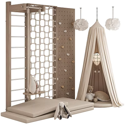 Kids Room Interior With Wooden Lattice Screen Climbing Wall Beige Tent And Stuffed Teddy Bear 3d model