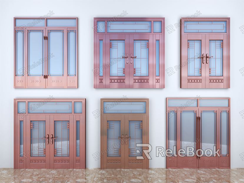 New Chinese style double door entrance door glass door lattice door drawing wire door copper door model